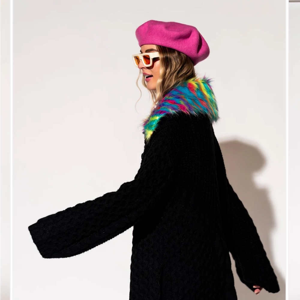 Black Knit Cardigan with Rainbow Fur Collar. Dressed in LaLa.